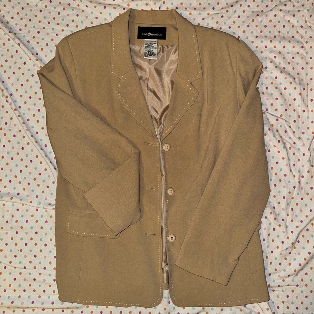Sag Harbor Tan Blazer - Size 16, Structured Fit, Contrast Stitching, Lined